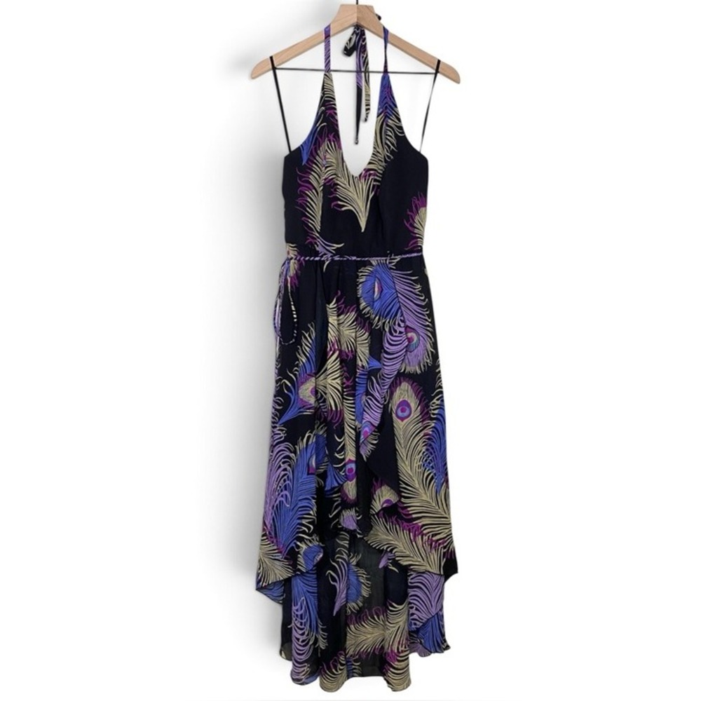 Boston Proper Peacock Halter Maxi Dress High Low Flowy Chiffon V Neck Size 8